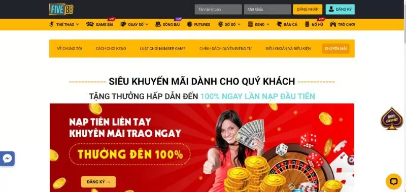 Khuyến m&atilde;i Five88 Tặng thưởng 100% lần nạp đầu ti&ecirc;n cho người mới